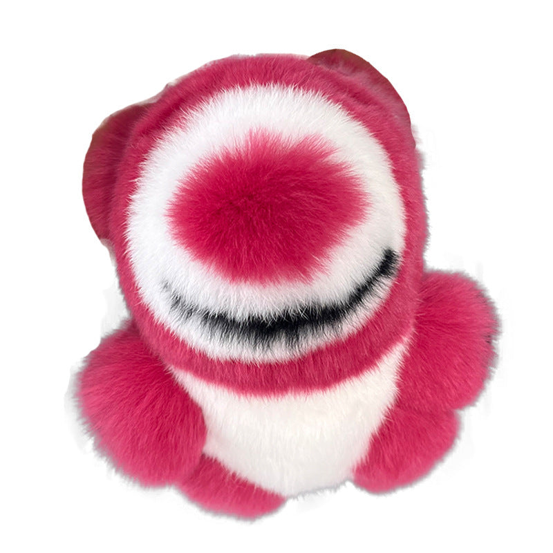 Cute Real Rabbit Fur Strawberry Bear Keychain - Car Accessory