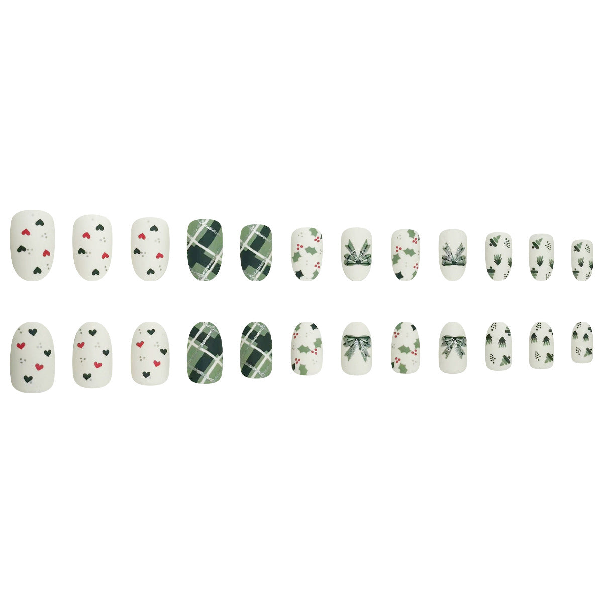 24-Piece Short Oval Christmas Green Plaid Bow Nails