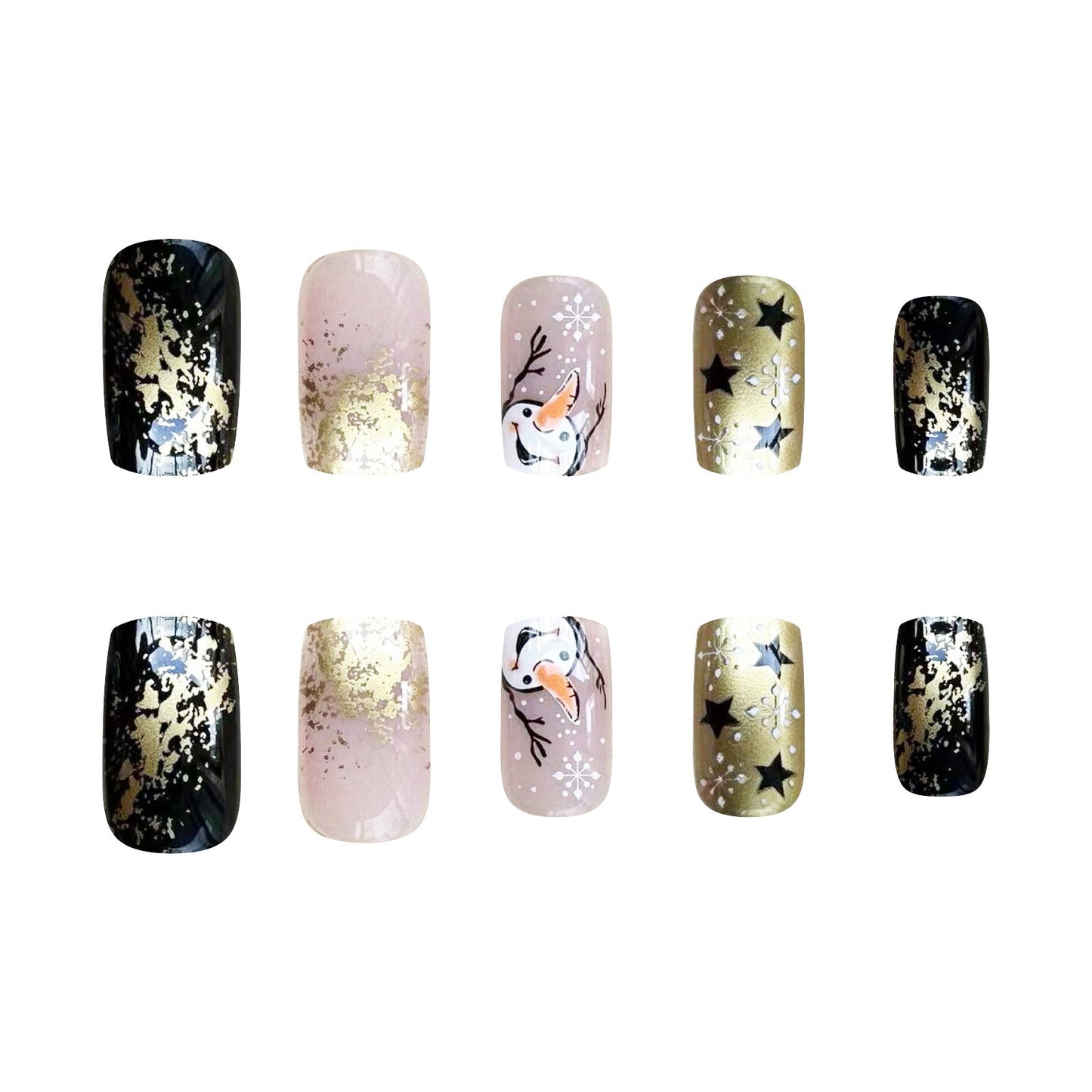 Winter Pearl Gold Short Square Nails with Snowflakes and Stars