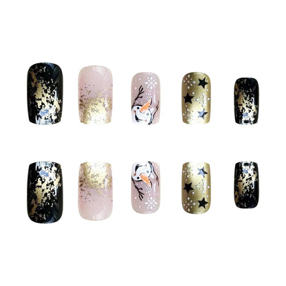 Winter Pearl Gold Short Square Nails with Snowflakes and Stars