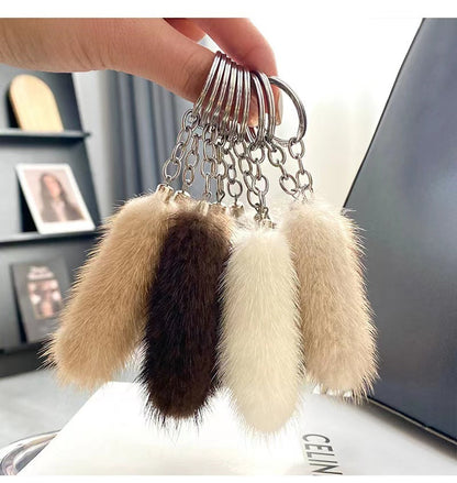 Cute Mini Real Mink Fur Tail Keychain Car Accessory