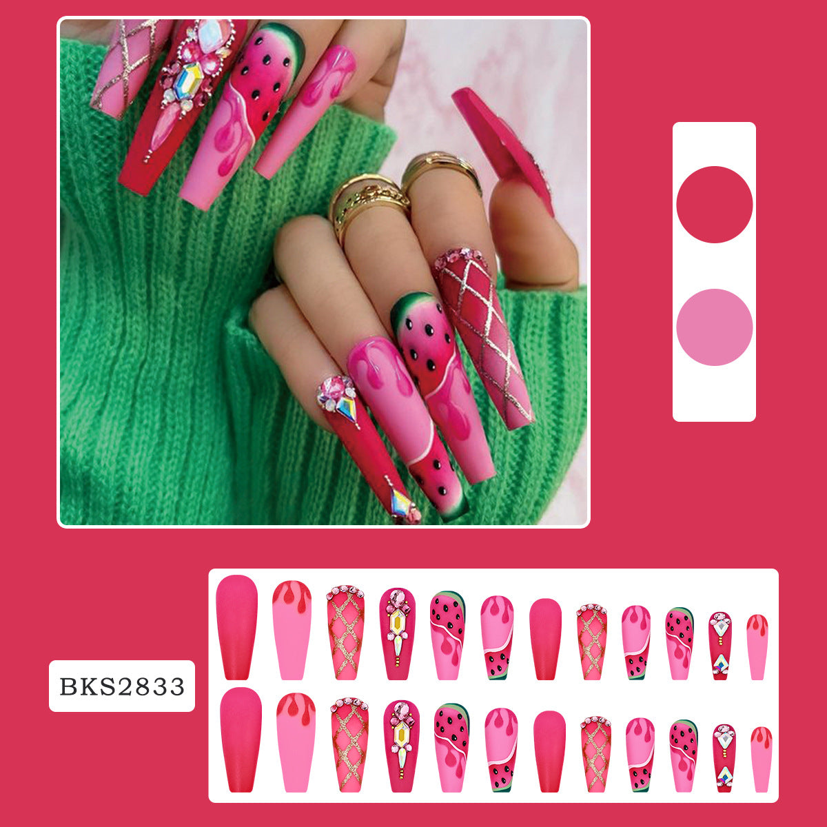 Ballet Style Watermelon Diamond Nail Tips