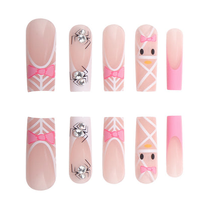 INS Style French Nail Extensions with Pink Bow & Smiley