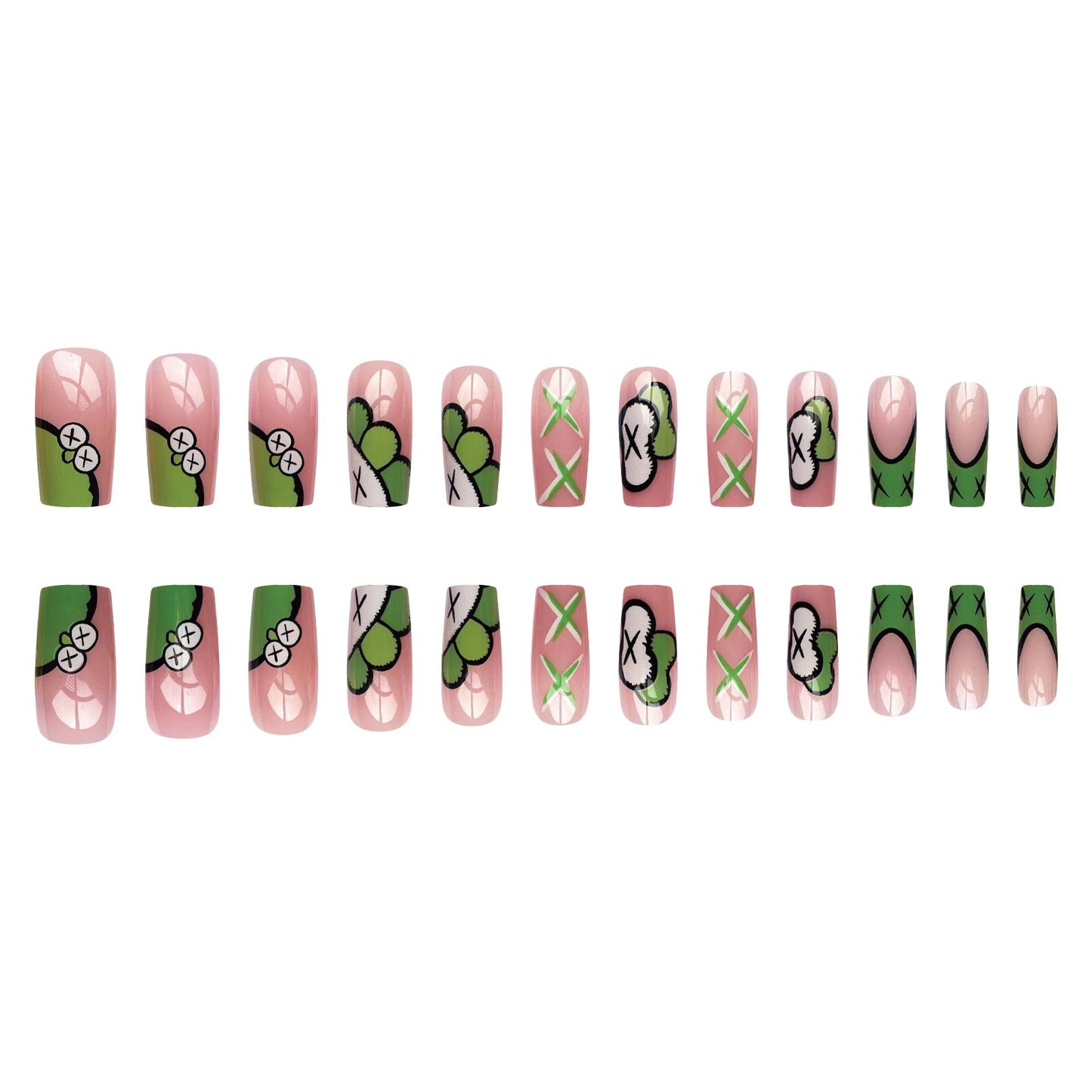 Spring Green French Nails with Cartoon Patterns