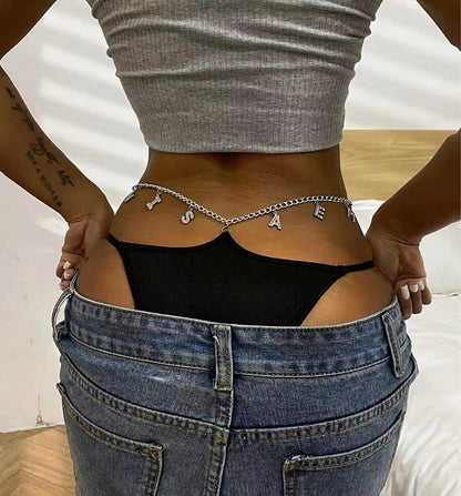 Rhinestone Letter Metal Chain G-string