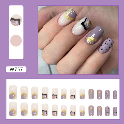 Lavender Purple Glitter Irregular Wave Euro Square Fake Nails 24-Piece Set-homeunderwear