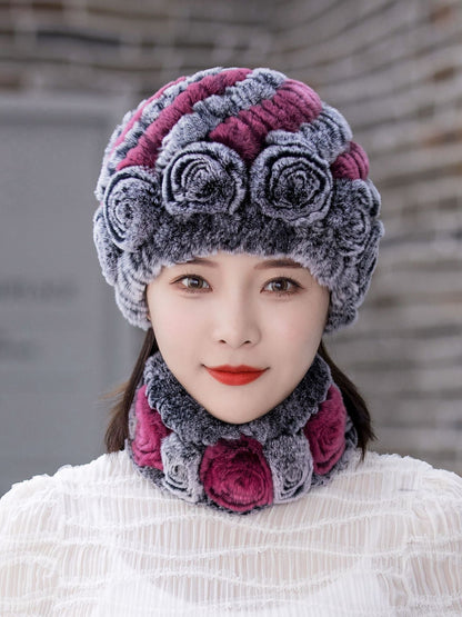 Warm Real Rabbit Fur Ear Flap Hat & Scarf Set