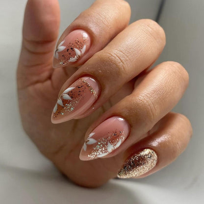 Summer Fresh Flower Nail Art Tips, Almond Shape with Gold Glitter-Homeunderwear