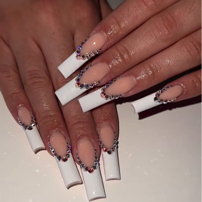 Long French Nail Extensions with Rhinestones for Brides