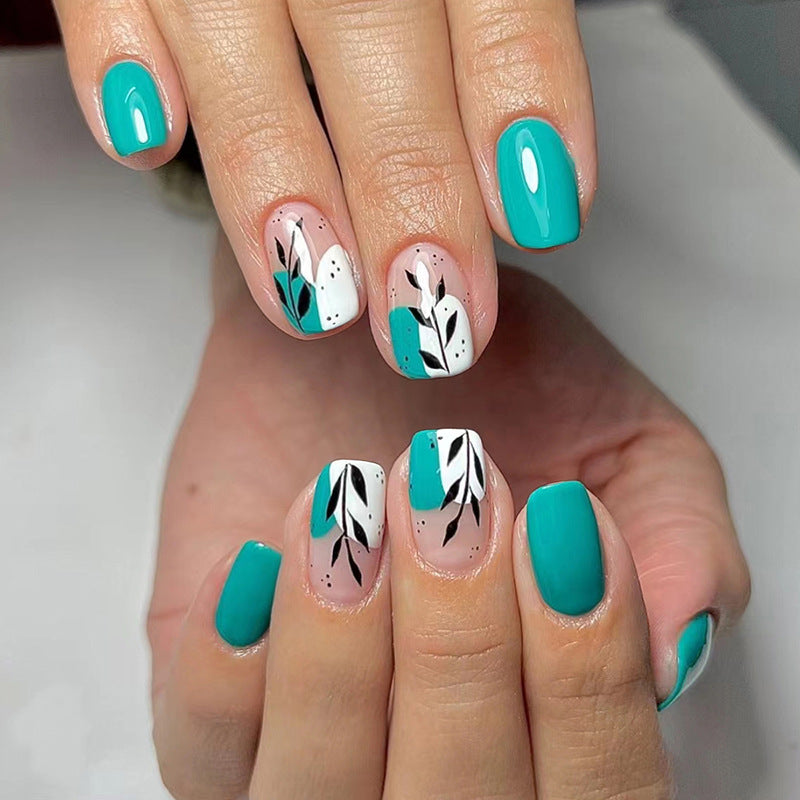 Summer Fresh Mid-Length Nails, Lake Blue with Leaf Design-Homeunderwear