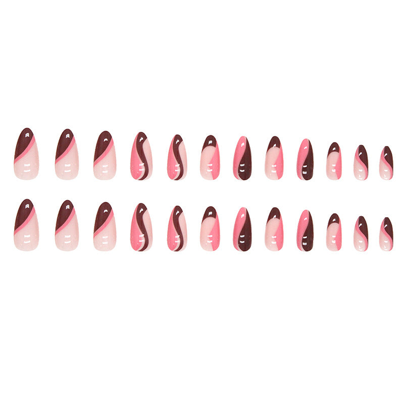 Whitening French Irregular Ripple Nails, Rose Red with Dark Brown, Ins Style-Homeunderwear