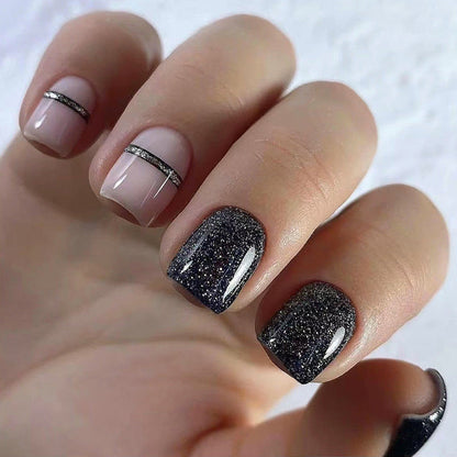 Short Square Flashy Solid Color Line Nails, Black and Pink