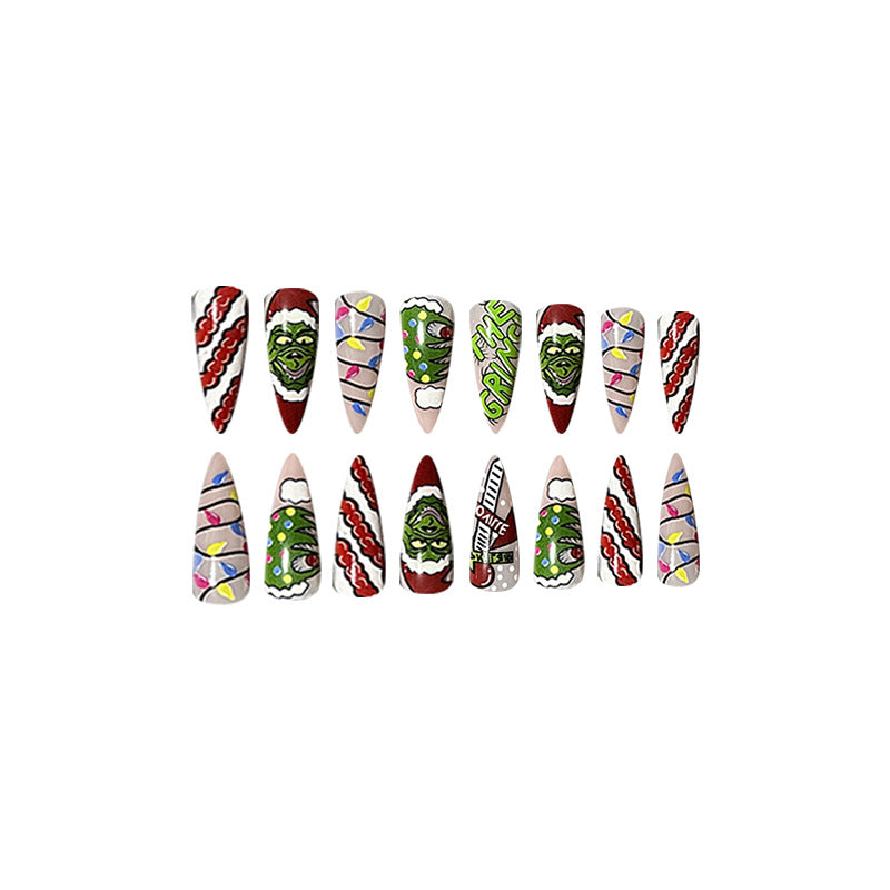 New FashionLong Pointed Grinch Christmas Nail Tips-homeunderwear