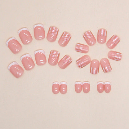 European Sweet Short Minimalist Pink and White Striped Nails