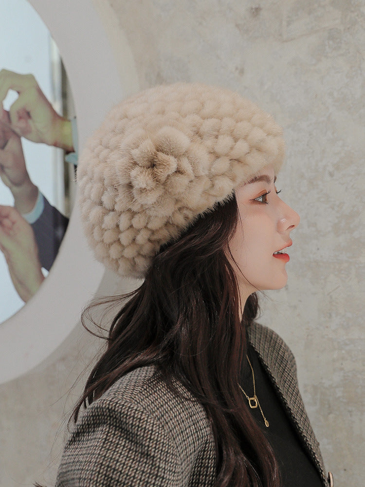 Warm Mink Fur Beret with Faux Flower - Winter Accessory