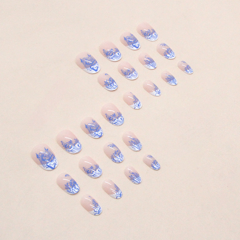 Chinese Style Round Head Blue Porcelain Morandi Flowers Totem Nails Euro Fashion Fake Nails-homeunderwear