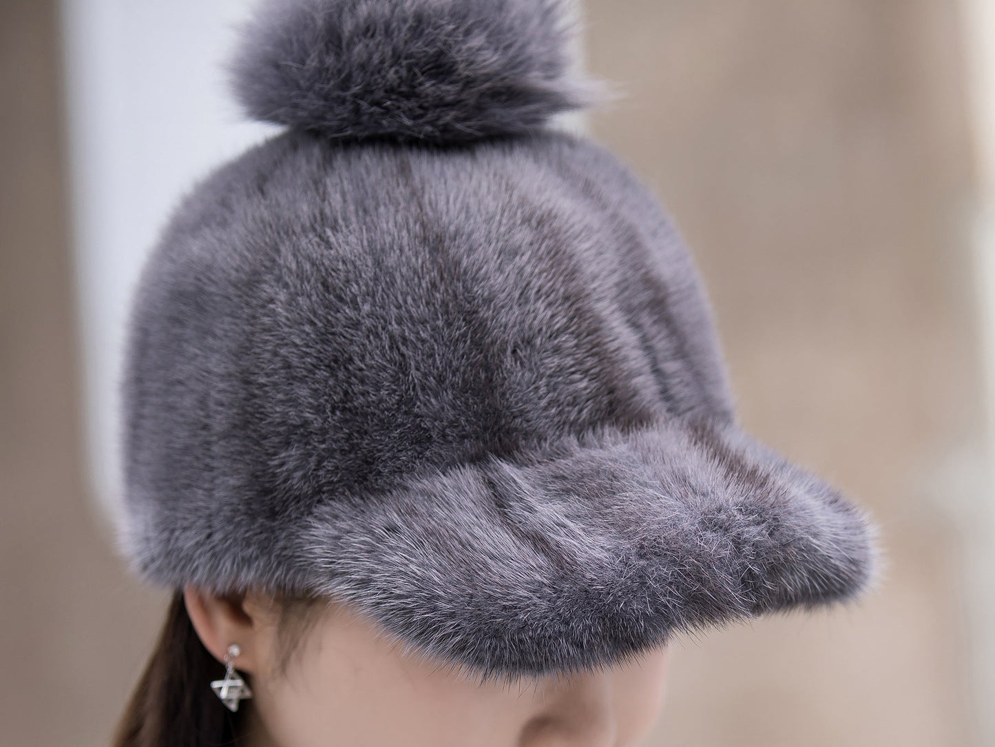 Warm Mink Fur Hat - Fox Pom Pom Baseball Cap