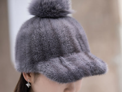 Warm Mink Fur Hat - Fox Pom Pom Baseball Cap