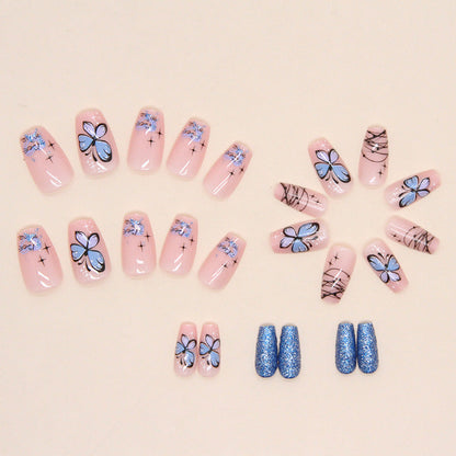 Cool Blue Flash Butterfly Short Ballet Nails for Ins Style