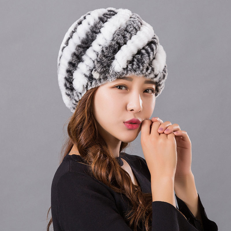 Real Rabbit Fur Knit Winter Hat - Warm Earmuffs Included"