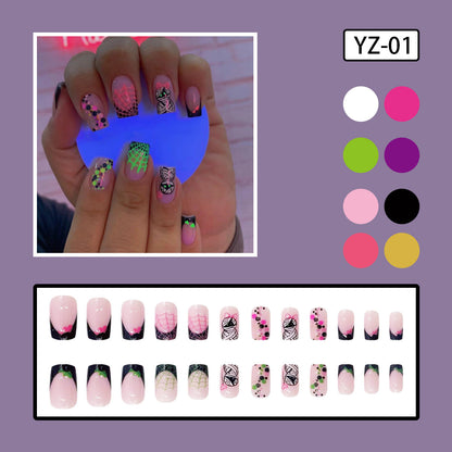 Fluorescent Green Pink Glitter Mummy Spider Web Nail Tips