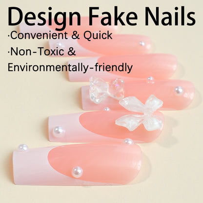 Extended Water Pipe Nails with 3D Bear and Pearl Bow