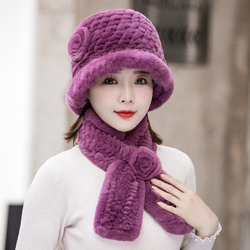 Warm Real Rabbit Fur Hat & Scarf Set - Ear Flap Design