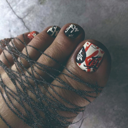 Summer Chinese Style Black Red Text Matte Toe Nails