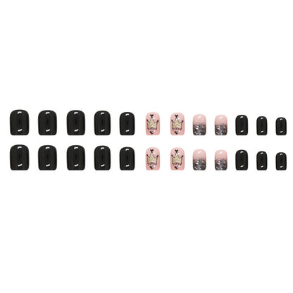 24-Piece Short Black Nails - Glitter Crown Gradient, Ins Style