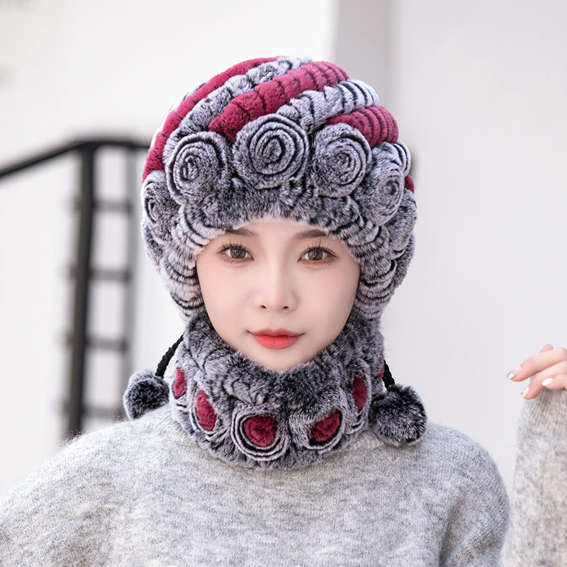 Warm Real Rabbit Fur Ear Flap Hat & Scarf Set