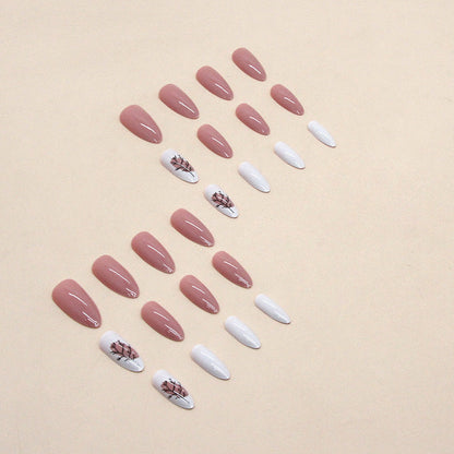 Almond Nails - Soft Peach, Leaf Silhouette, Ready-Made