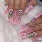 3D Diamond Flower Pink French Nails with Golden Butterflies