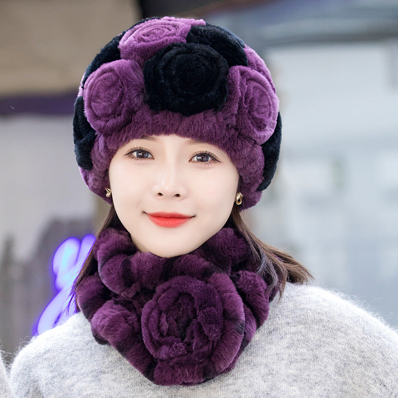 Winter Rex Rabbit Fur Ear Flap Hat & Scarf Set