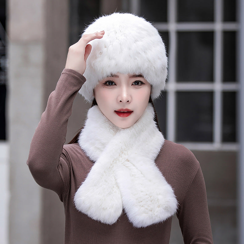 Warm Snow Rabbit Fur Ear Flap Hat & Scarf Set