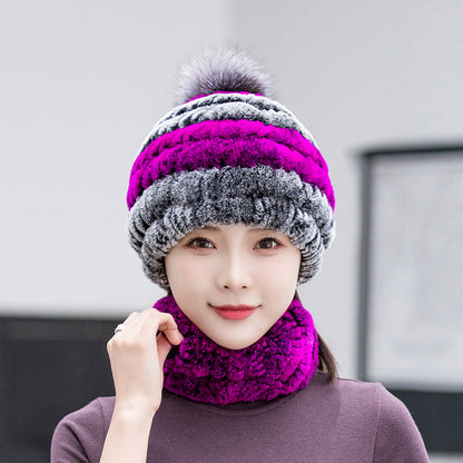 Warm Real Rabbit Fur Ear Flap Hat & Scarf Set