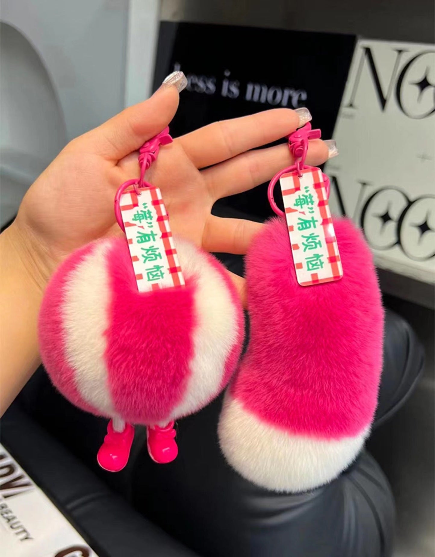 Cute Real Rabbit Fur Charm with Watermelon & Mushroom Design