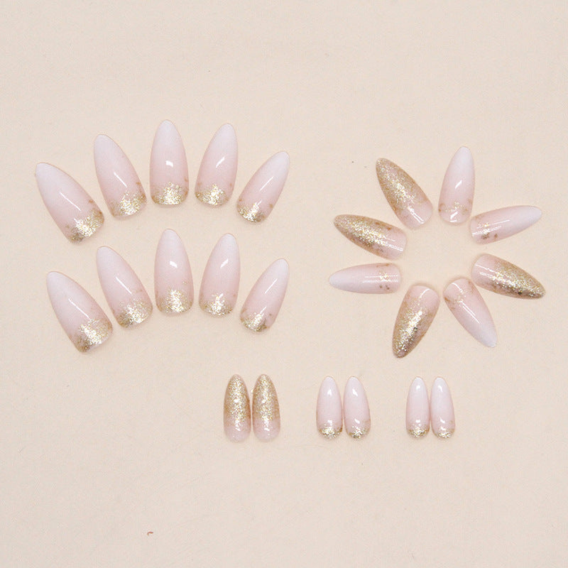 Simple Pure Desire Almond Nails Sparkling Gold Powder Gradient Euro Ins Style Fake Nails-homeunderwear