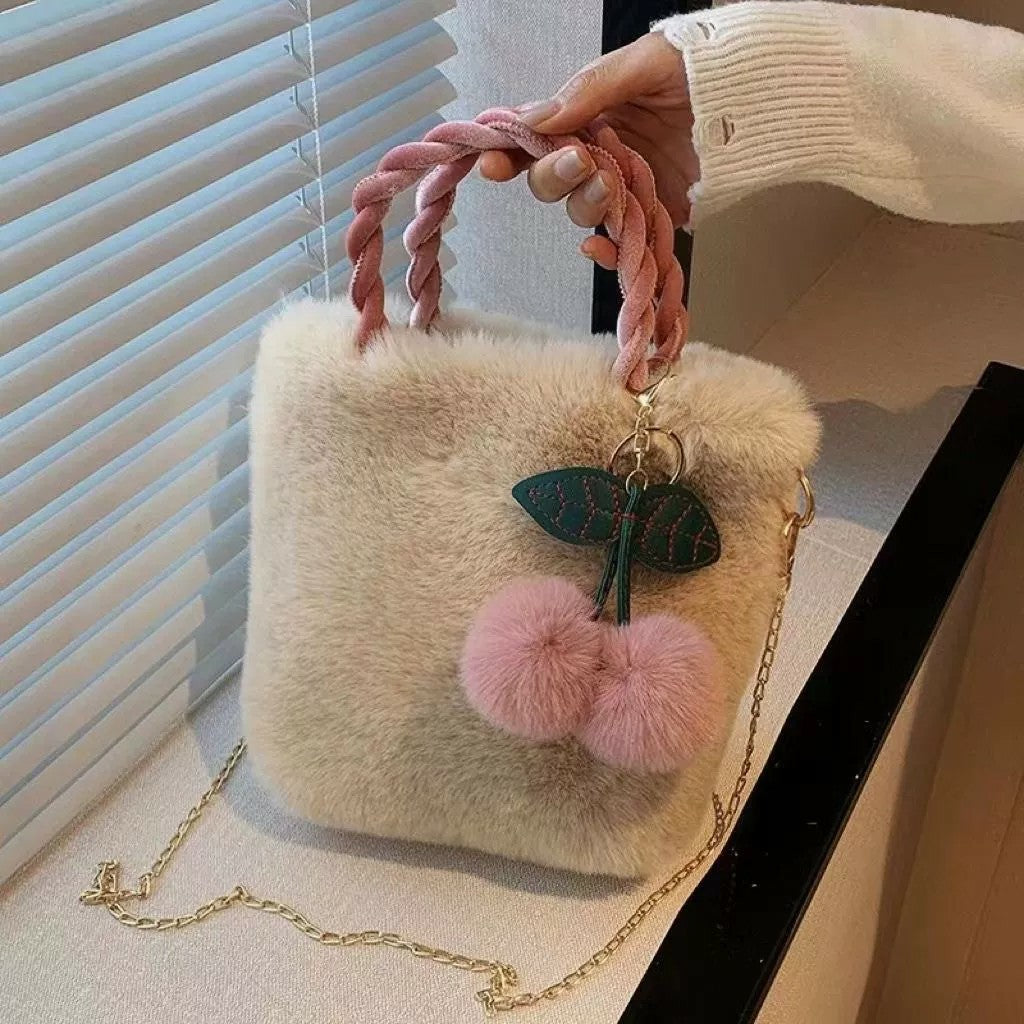 Cute Cherry Handbag - Soft Plush Tote for Girls