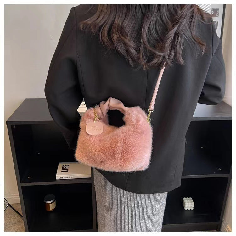 Versatile Fuzzy Crossbody Bag with Pendant