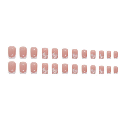 24-Piece White French Tree Silhouette Nails, Minimalist and Chic-Homeunderwear