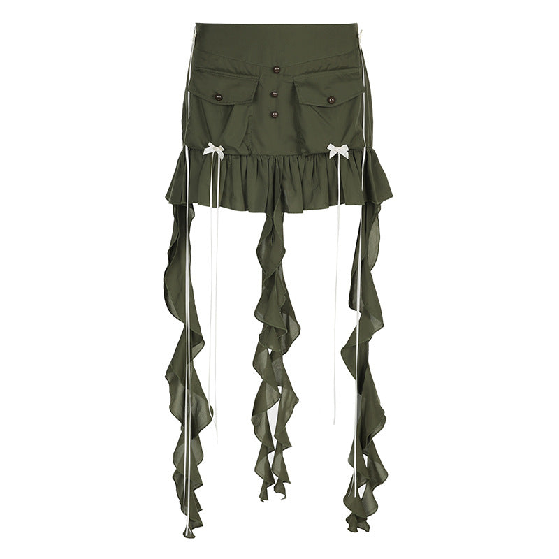 European and American Low Waist Solid Color Bow Pleated Mini Skirt