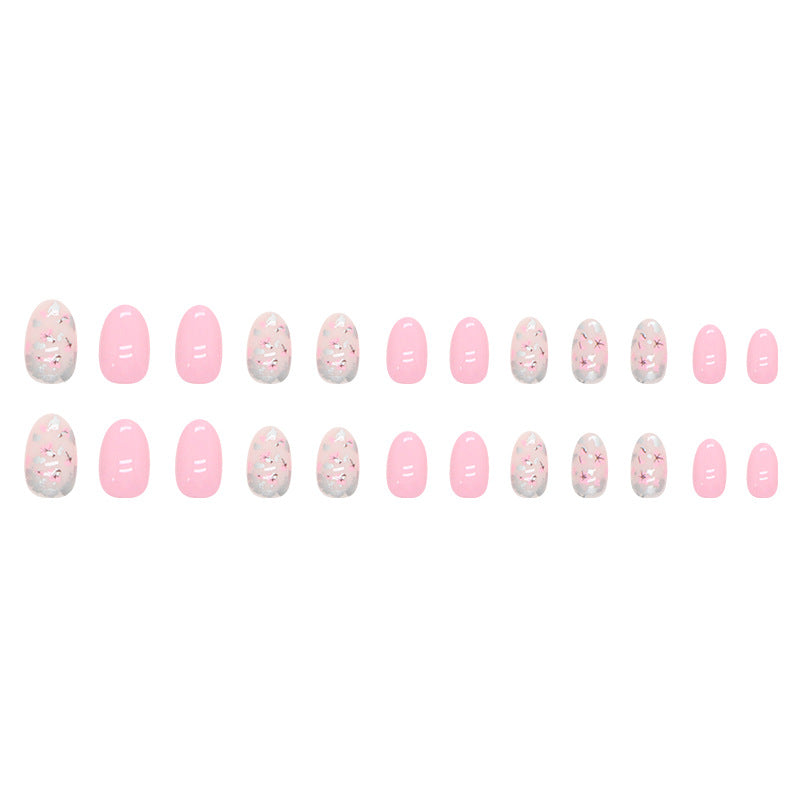 Cute Short Oval Floral Nails Pink Tender Fashion Sweet Girl Fake Nails-homeunderwear