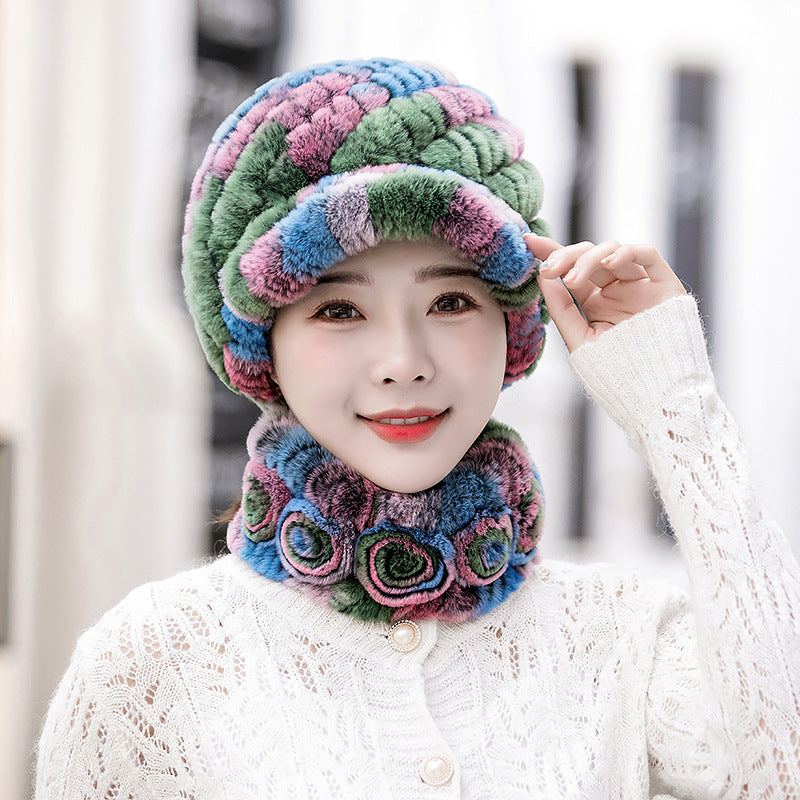 Warm Real Rabbit Fur Cap & Scarf Set - Stylish Winter Wear