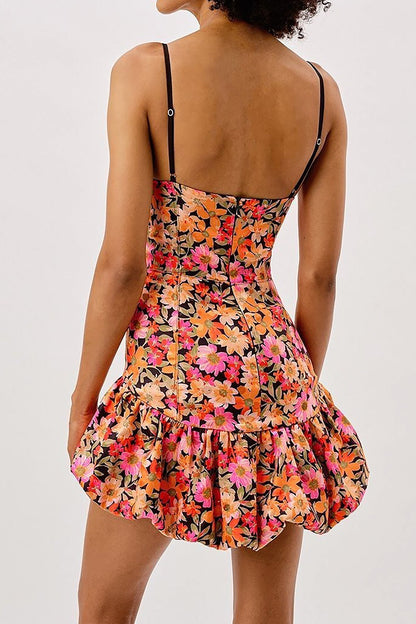 Free Shipping For Florals Print V-neck Puffy Ruffle Mini Dress