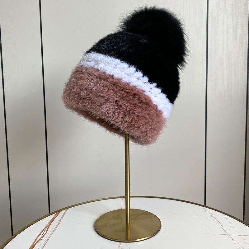 Women's Striped Fur Blend Hat with Real Rabbit Fur Pom Pom