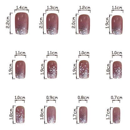 Short Square Silver Glitter Gradient Snowflake Design Nail Tips