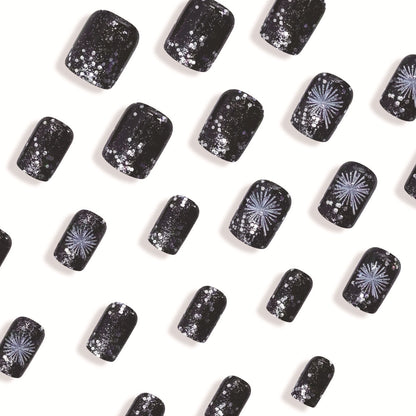 New Year Fireworks Short Square Shiny Silver Black Pink Nail Tips