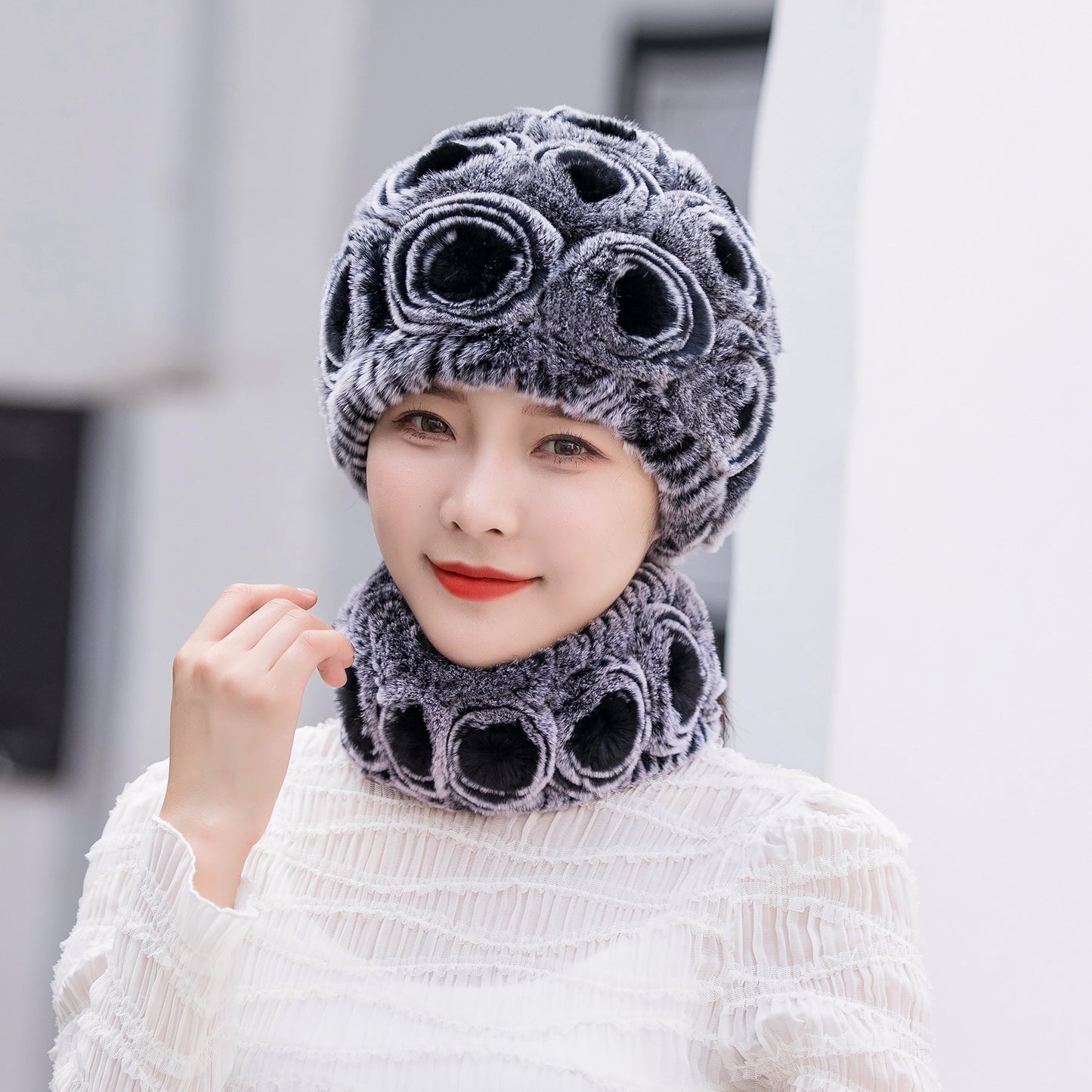 Warm Real Rabbit Fur Ear Flap Hat & Scarf Set