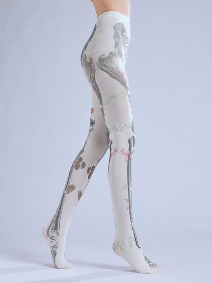 Dark Articulated Bones Print Tattoo Pattern Halloween Dancing Pantyhose