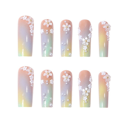 Long Ombre Gradient Nails with White Flowers and Pearls